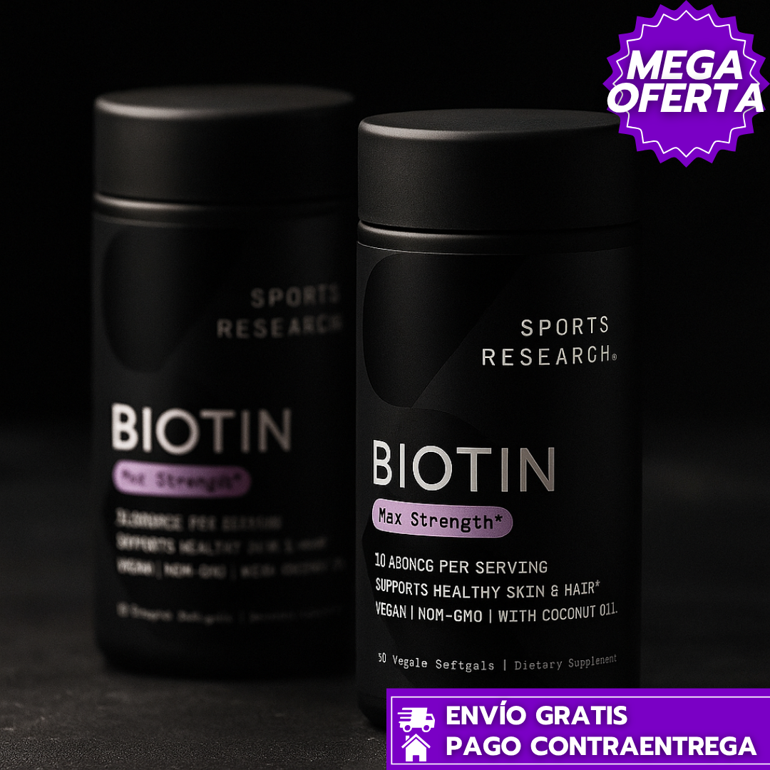 Oferta Especial 2x1: Biotina Sports Research™: Suplemento de Biotina que Fortalece Cabello, Piel y Uñas.