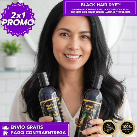 Oferta Especial 2x1: Black Hair Dye™: Shampoo de Henna 3 en 1 que Cubre Canas al Instante con Color Negro Natural y Brillante.