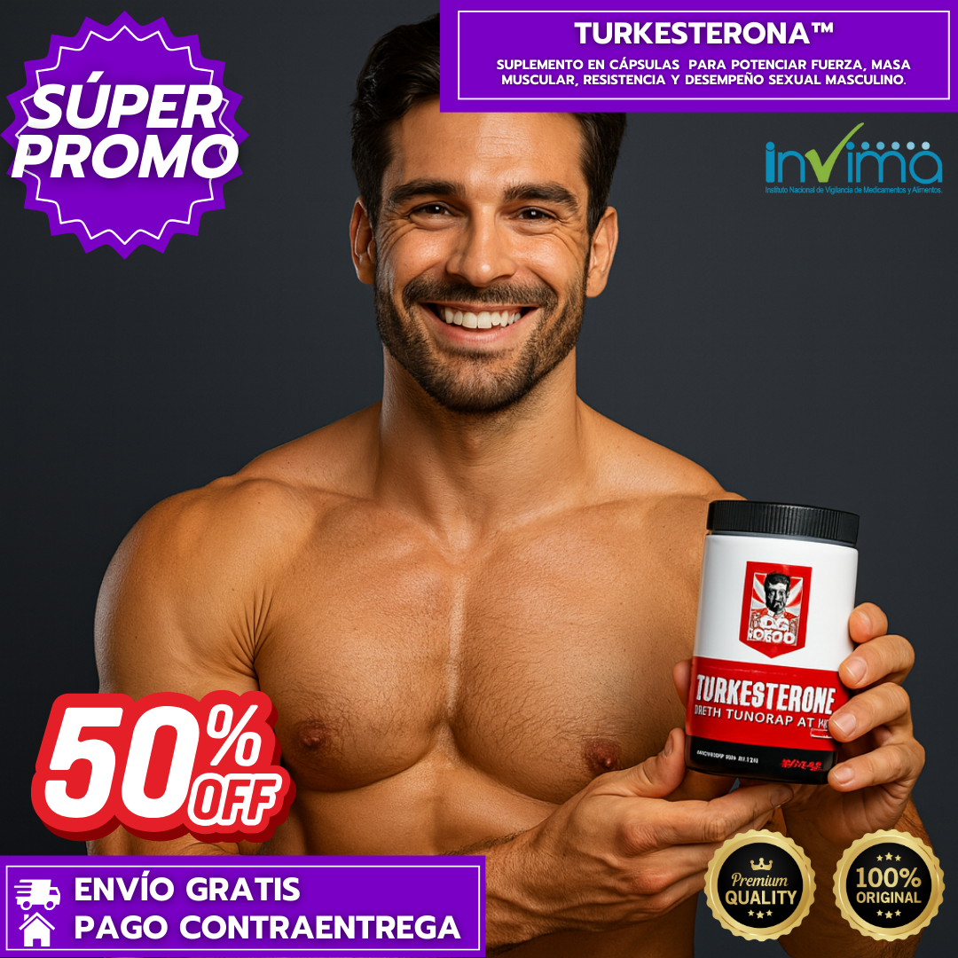 Turkesterona™: Suplemento en cápsulas para potenciar fuerza, masa muscular, resistencia y desempeño sexual masculino.