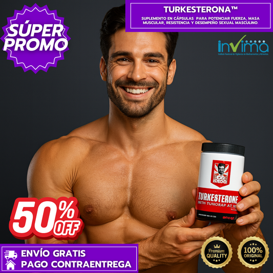 Turkesterona™: Suplemento en cápsulas para potenciar fuerza, masa muscular, resistencia y desempeño sexual masculino.