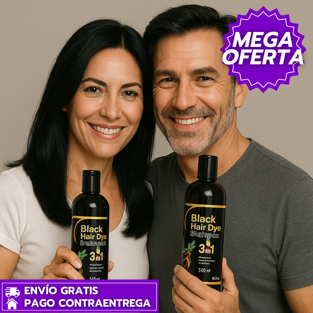 Oferta Especial 2x1: Black Hair Dye™: Shampoo de Henna 3 en 1 que Cubre Canas al Instante con Color Negro Natural y Brillante.