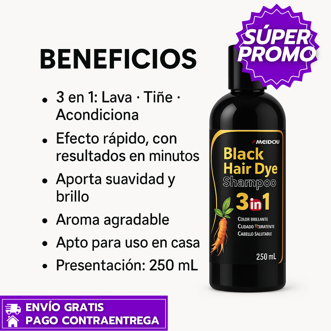Oferta Especial 2x1: Black Hair Dye™: Shampoo de Henna 3 en 1 que Cubre Canas al Instante con Color Negro Natural y Brillante.