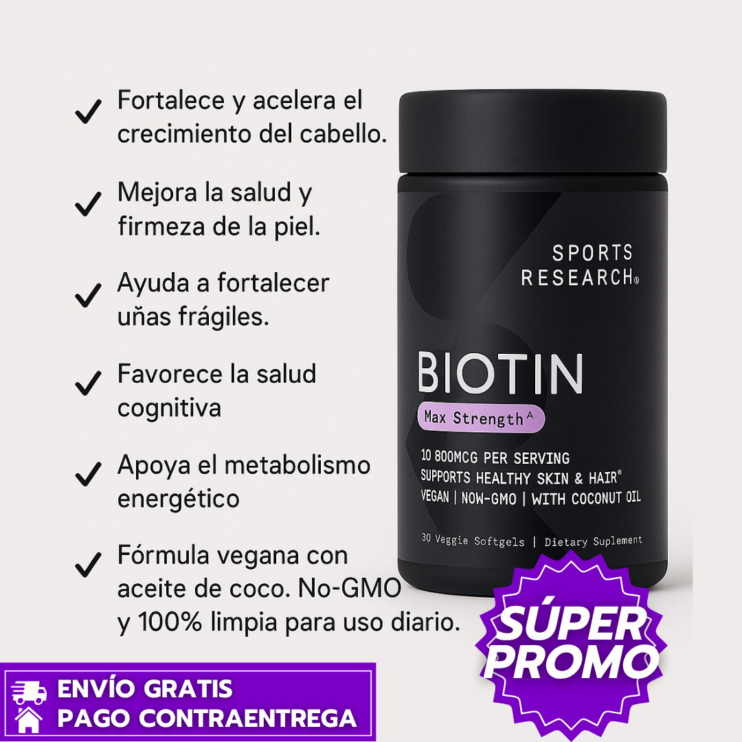 Oferta Especial 2x1: Biotina Sports Research™: Suplemento de Biotina que Fortalece Cabello, Piel y Uñas.