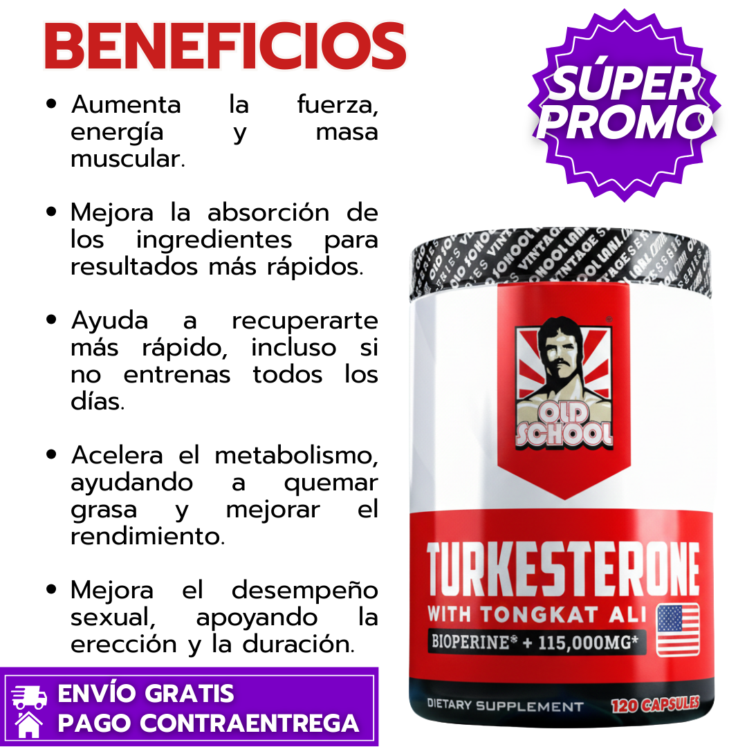 Turkesterona™: Suplemento en cápsulas para potenciar fuerza, masa muscular, resistencia y desempeño sexual masculino.