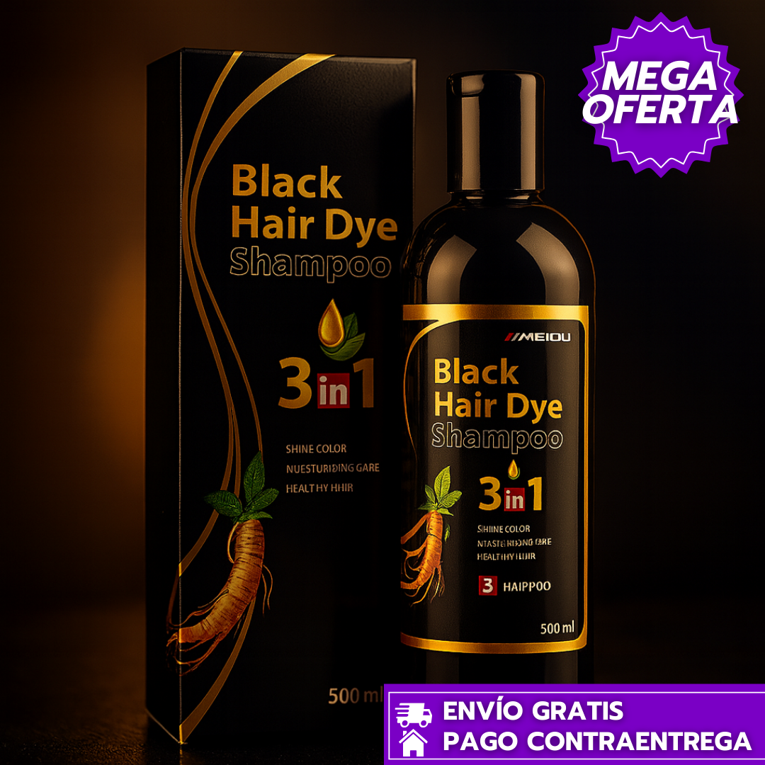 Oferta Especial 2x1: Black Hair Dye™: Shampoo de Henna 3 en 1 que Cubre Canas al Instante con Color Negro Natural y Brillante.