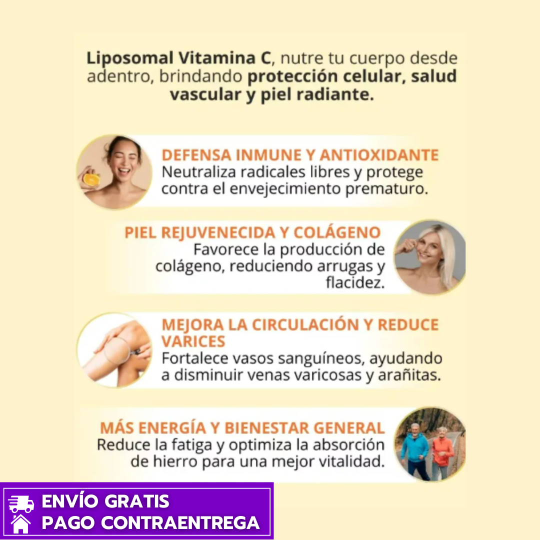 Liposomal Vitamina C™: Defensas fuertes, piel firme y protección celular antiedad.