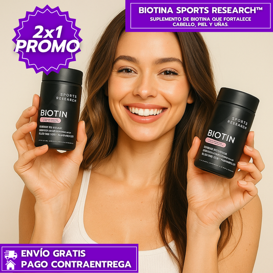 Oferta Especial 2x1: Biotina Sports Research™: Suplemento de Biotina que Fortalece Cabello, Piel y Uñas.